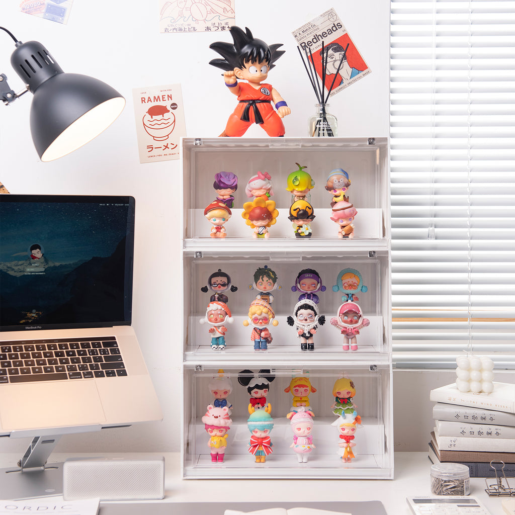 Container Style Figurine Display Case, Stackable Magnetic Door Dustproof Collectible Storage Box for Blind Box Toys, Desktop Pop Figure Organizer