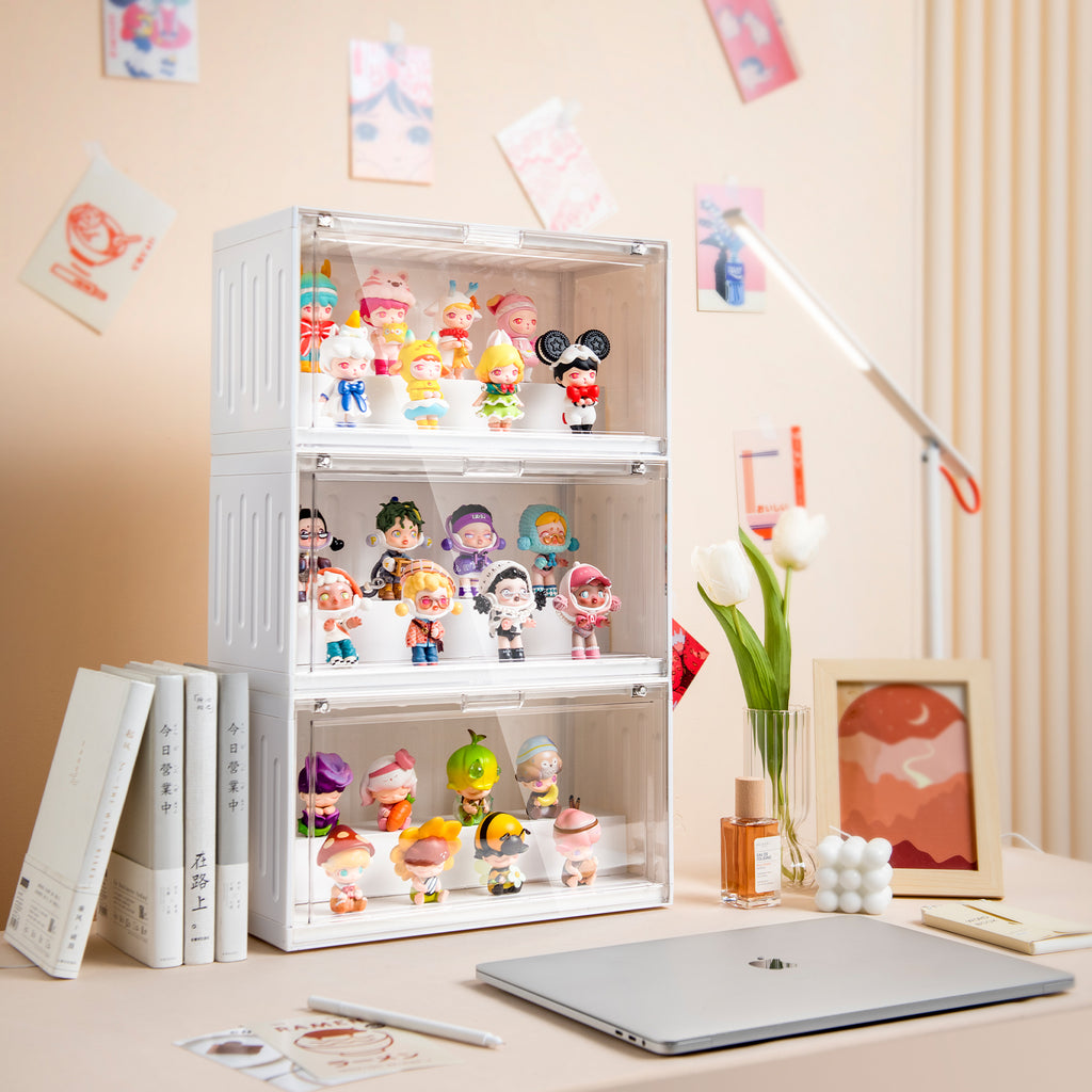 Container Style Figurine Display Case, Stackable Magnetic Door Dustproof Collectible Storage Box for Blind Box Toys, Desktop Pop Figure Organizer