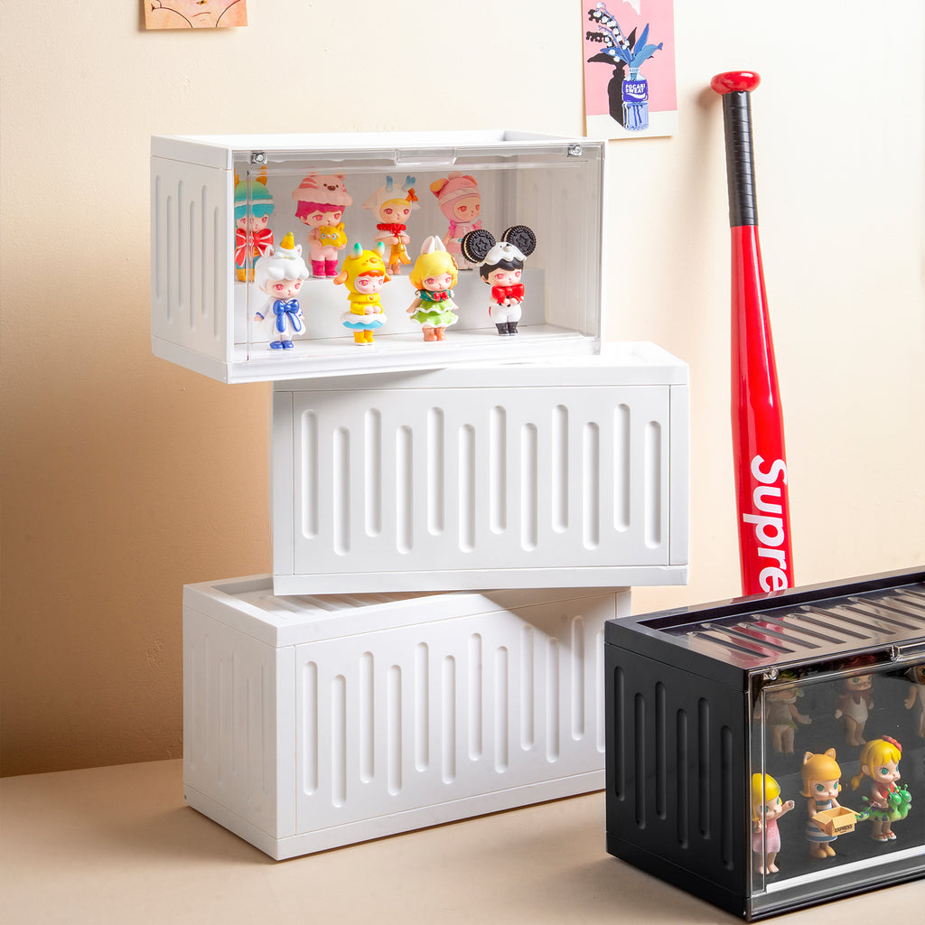 Container Style Figurine Display Case, Stackable Magnetic Door Dustproof Collectible Storage Box for Blind Box Toys, Desktop Pop Figure Organizer