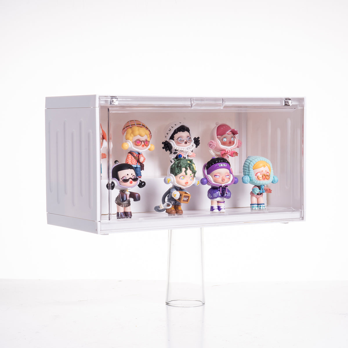 Container Style Figurine Display Case, Stackable Magnetic Door Dustproof Collectible Storage Box for Blind Box Toys, Desktop Pop Figure Organizer
