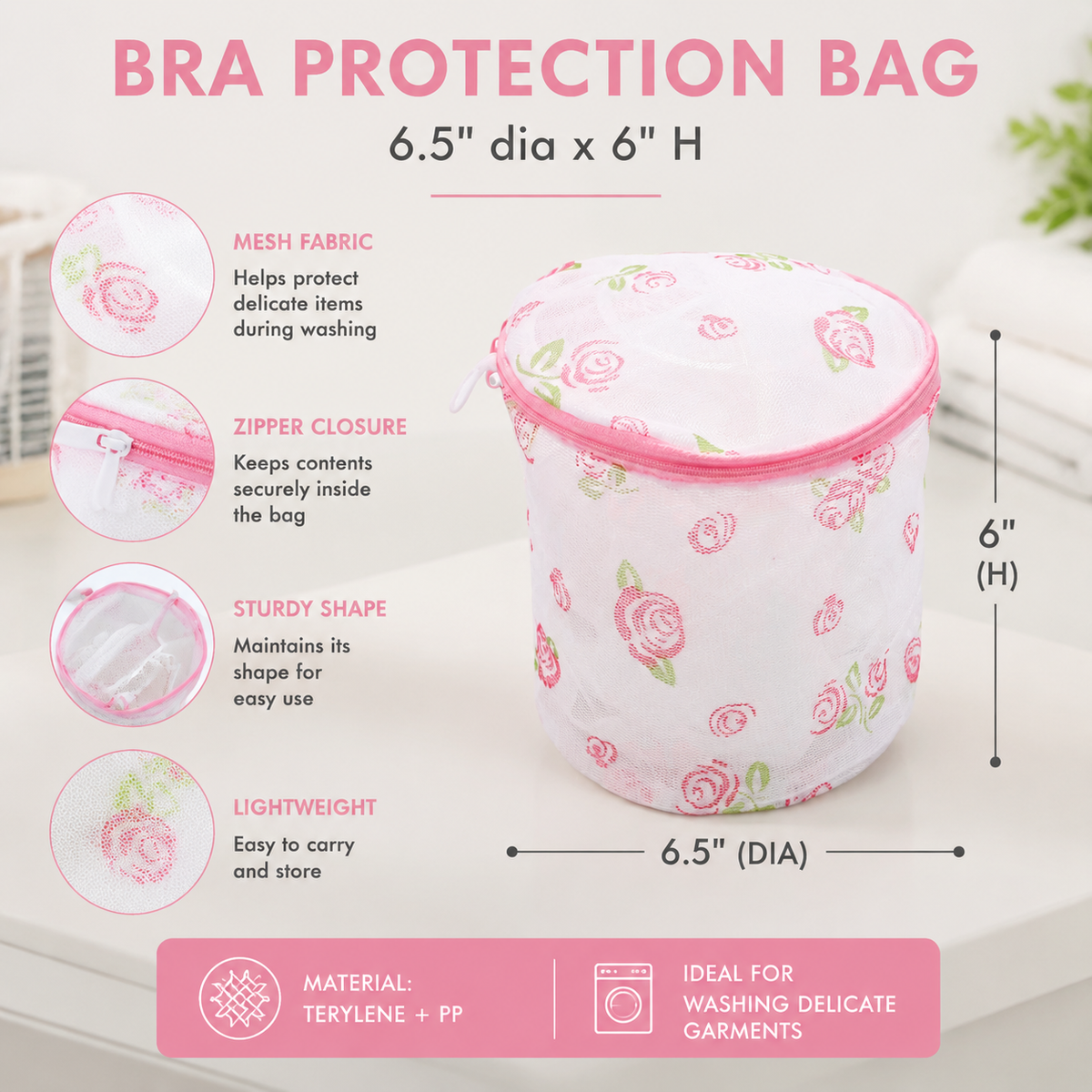 Bra Laundry Wash Bag, 6.5"x6" Cylindrical Mesh Lingerie Washing Bag with Zipper, Reusable Protective Laundry Bag for Bras, Underwear & Delicates