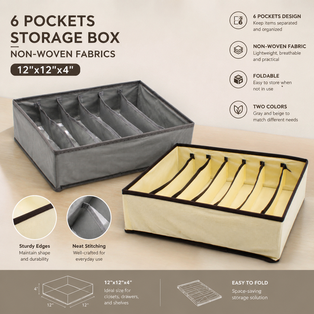 6-Compartment Foldable Drawer Organizer, 12" x 12" x 4" Non-Woven Fabric Storage Box for Clothes, Socks & Accessories