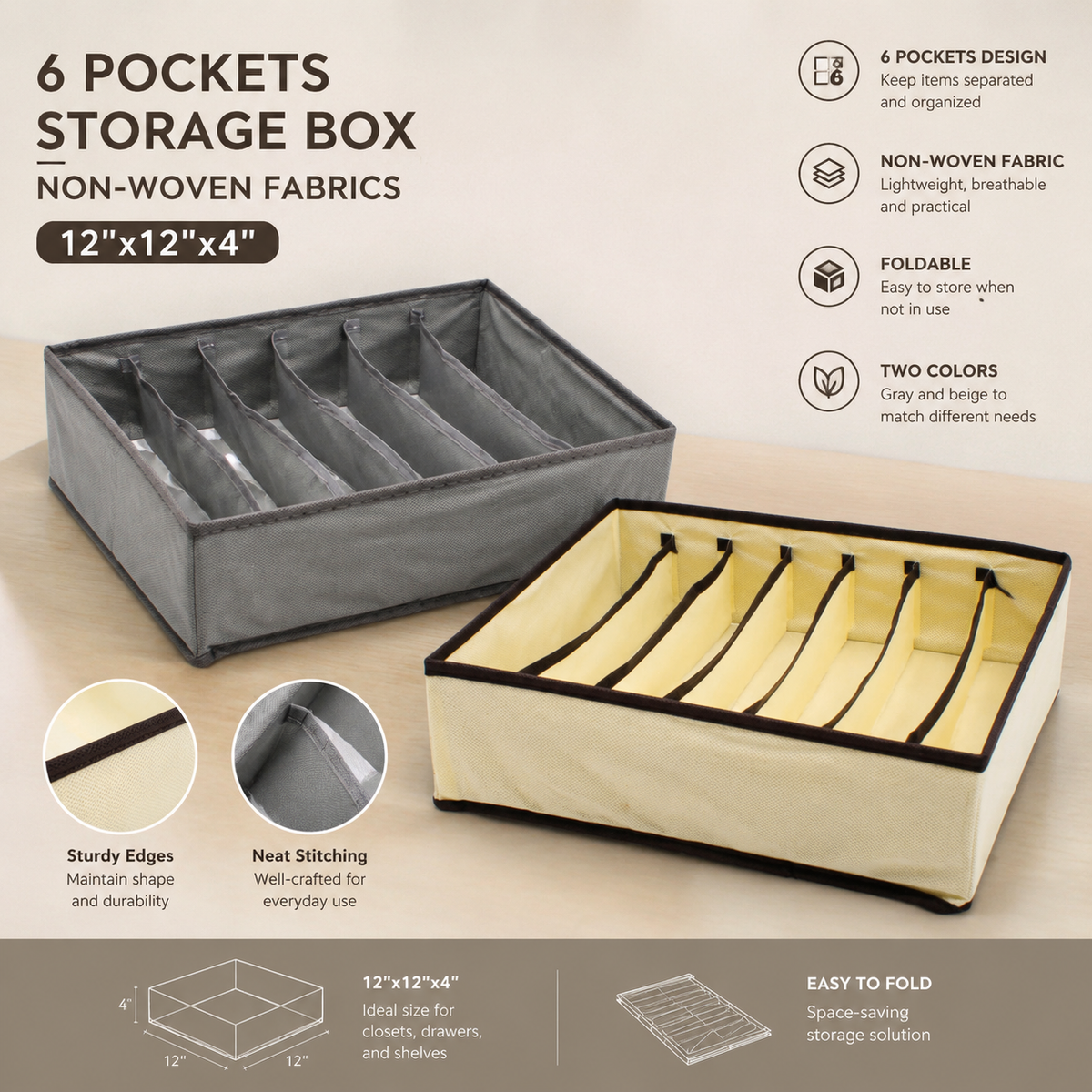 6-Compartment Foldable Drawer Organizer, 12" x 12" x 4" Non-Woven Fabric Storage Box for Clothes, Socks & Accessories
