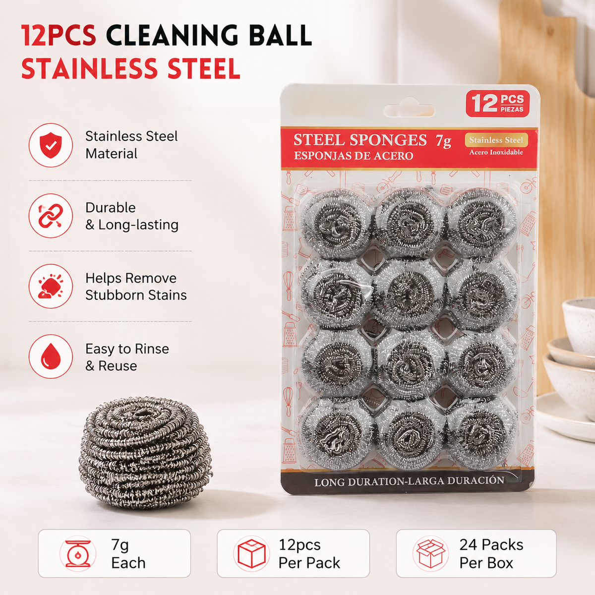 12 Pack Stainless Steel Cleaning Scrubbers, Heavy Duty Metal Scouring Balls for Kitchen Pots Pans Dishes Grease Stains