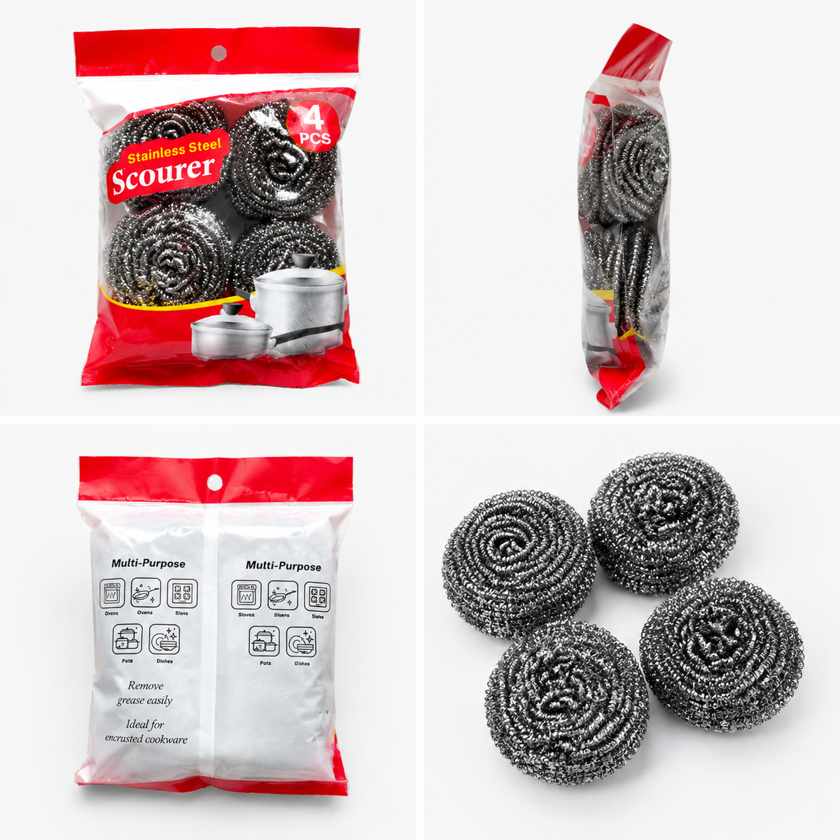 4 Pack Stainless Steel Scrubbers, Heavy Duty Metal Scouring Pads for Kitchen Pots Pans Dishes Sink Grease Cleaning