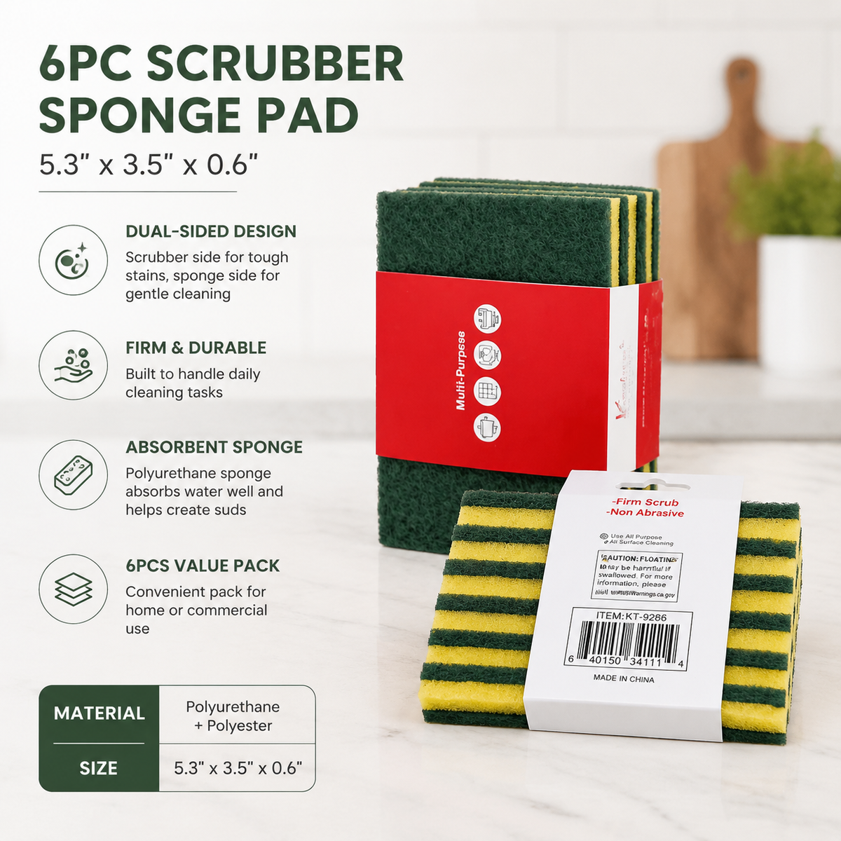 6-Pack Heavy Duty Scrub Sponges, Dual-Sided Kitchen Cleaning Pads for Dishes, Pots, Pans and Household Cleaning