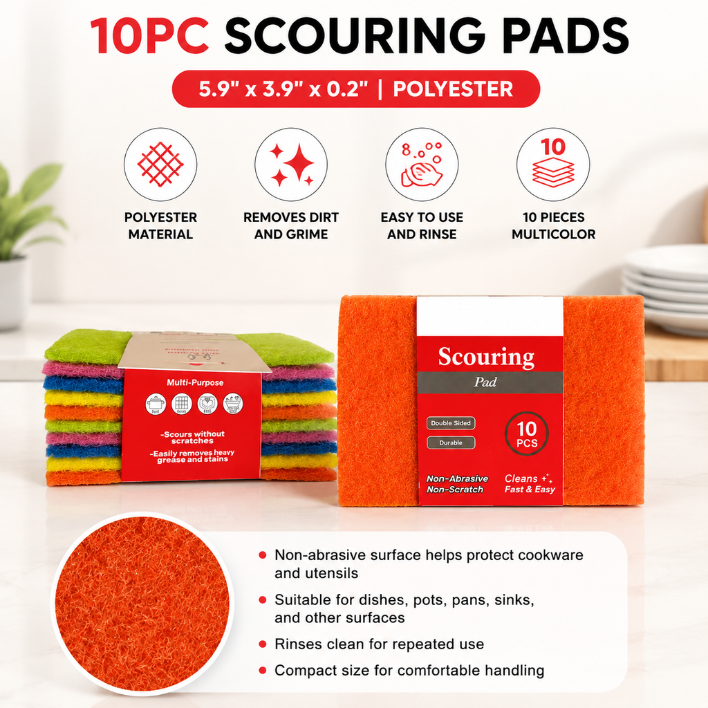 10 Pack Scouring Pads, Non-Scratch Polyester Cleaning Pads for Dishes Pots Pans Sinks, Reusable Dish Scrubber