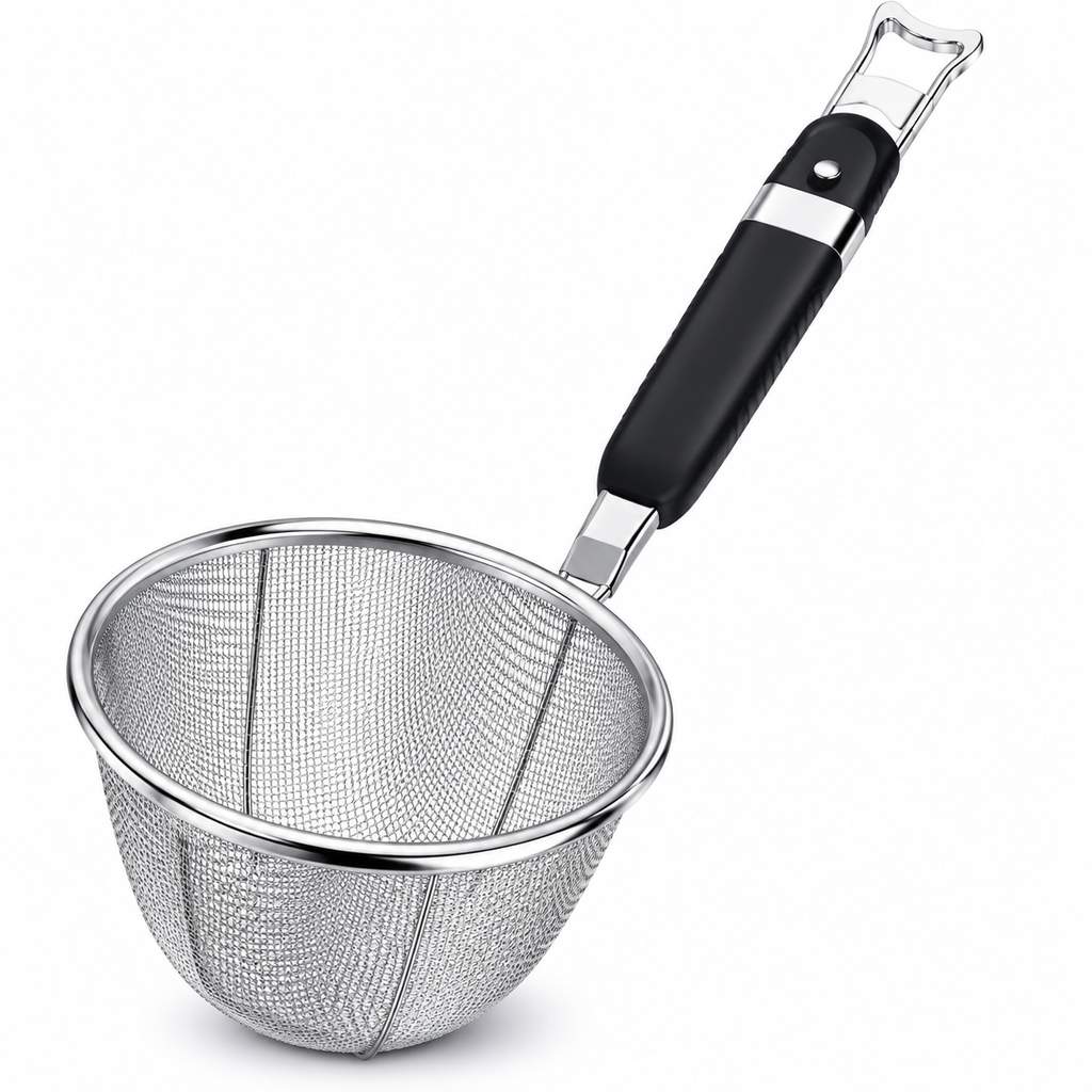 Stainless Steel Mesh Strainer with Non-Slip Handle, Deep Basket Skimmer for Dumplings, Noodles, Pasta, Kitchen Boiling & Blanching