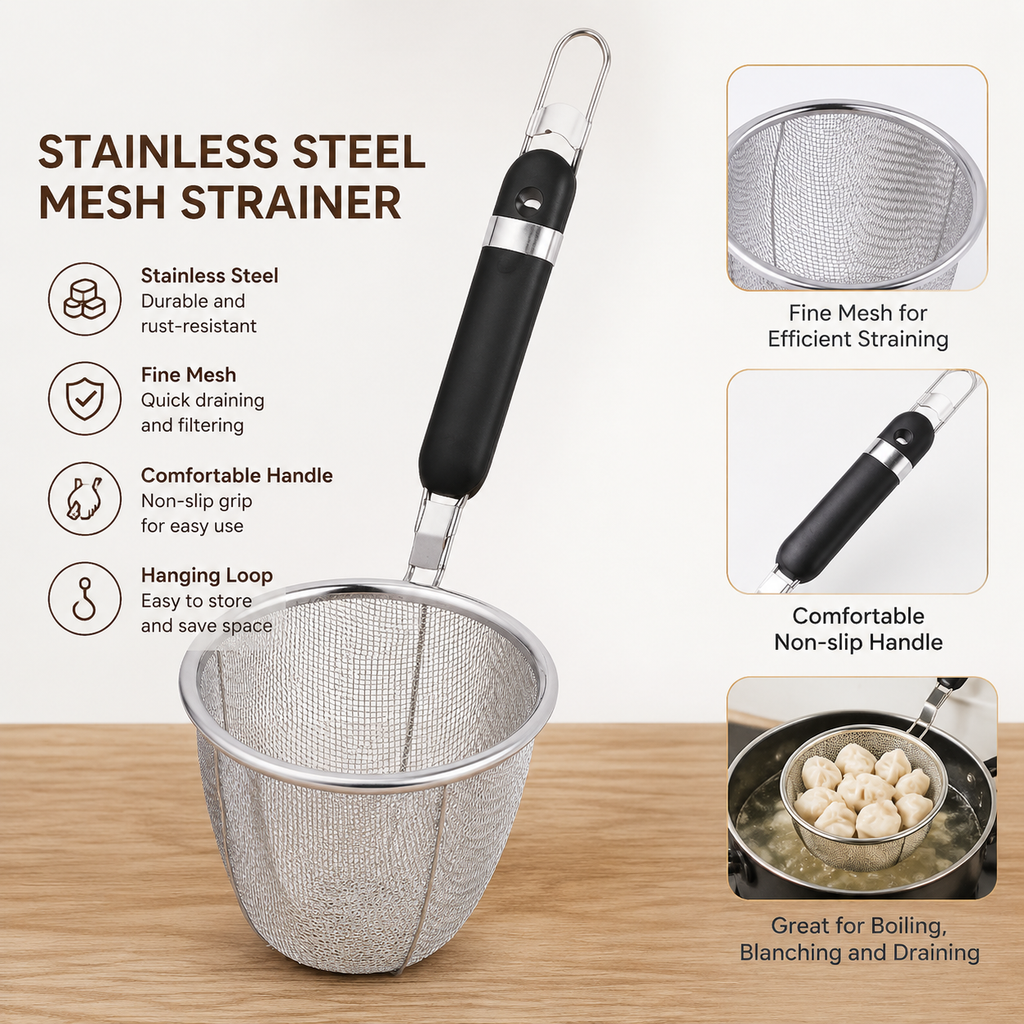 Stainless Steel Mesh Strainer with Non-Slip Handle, Deep Basket Skimmer for Dumplings, Noodles, Pasta, Kitchen Boiling & Blanching