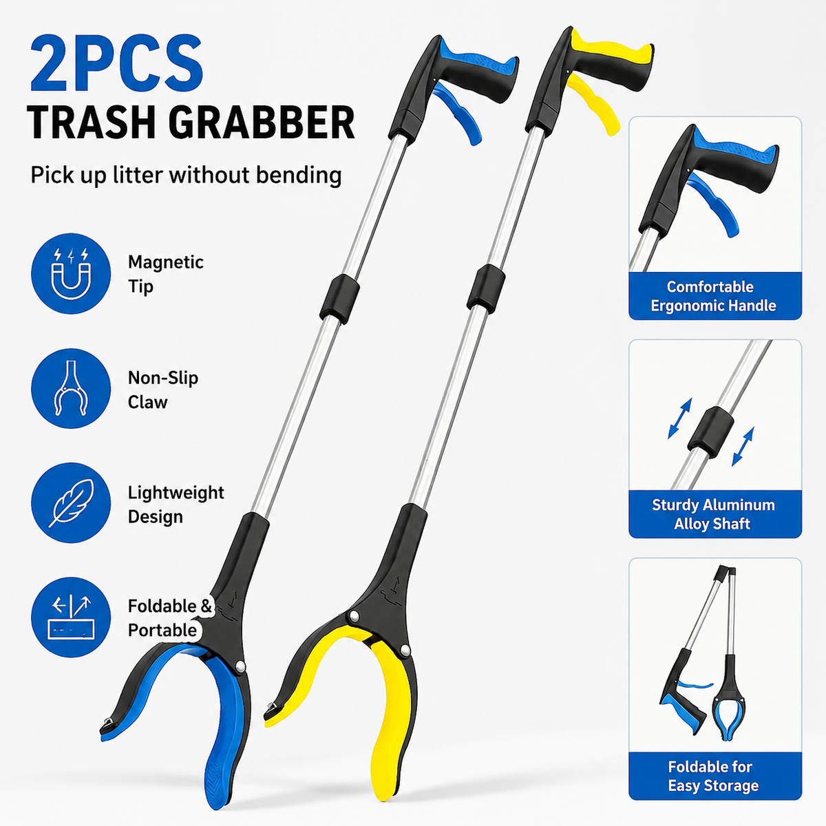 2 Pack Aluminum Reacher Grabber, Non-Slip Claw & Magnetic Tip, Long Handle Pickup Tool for Home Yard Cleaning