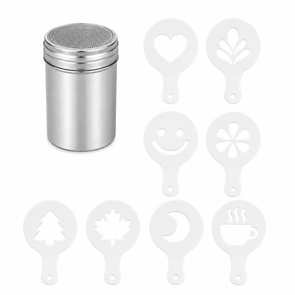 Stainless Steel Cocoa Powder Shaker with 16 Pcs Latte Art Stencils, Coffee Powder Duster for Decorating Latte, Cappuccino & Baking Desserts