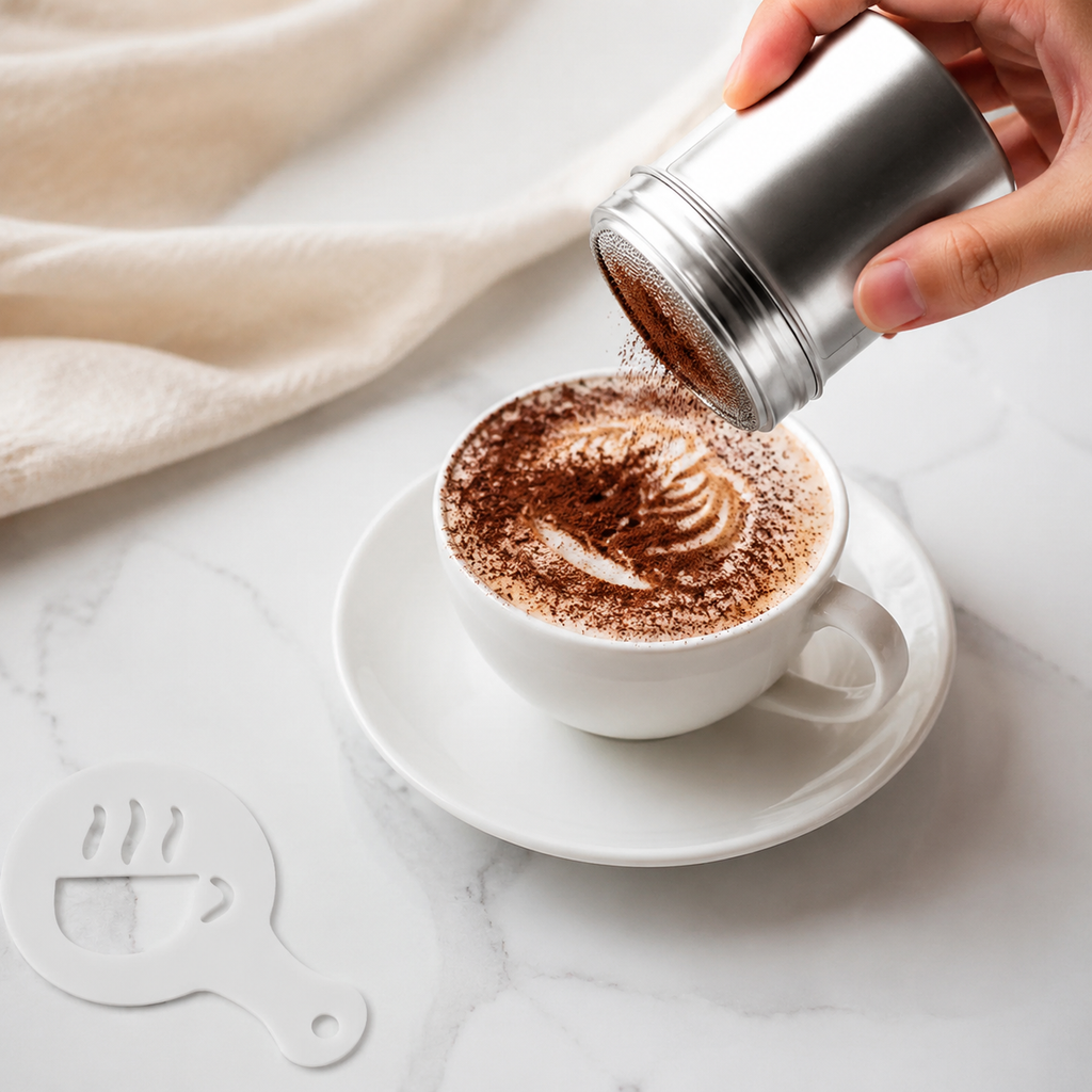 Stainless Steel Cocoa Powder Shaker with 16 Pcs Latte Art Stencils, Coffee Powder Duster for Decorating Latte, Cappuccino & Baking Desserts