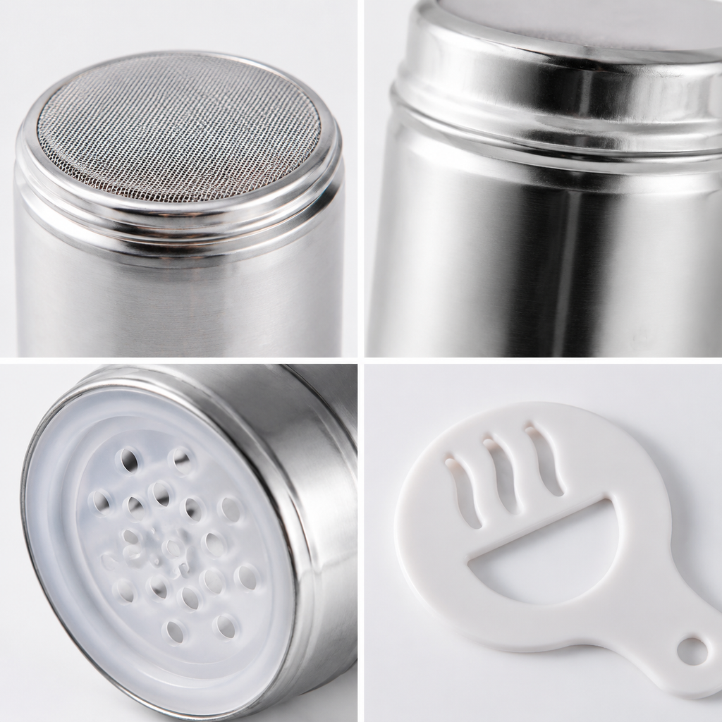 Stainless Steel Cocoa Powder Shaker with 16 Pcs Latte Art Stencils, Coffee Powder Duster for Decorating Latte, Cappuccino & Baking Desserts