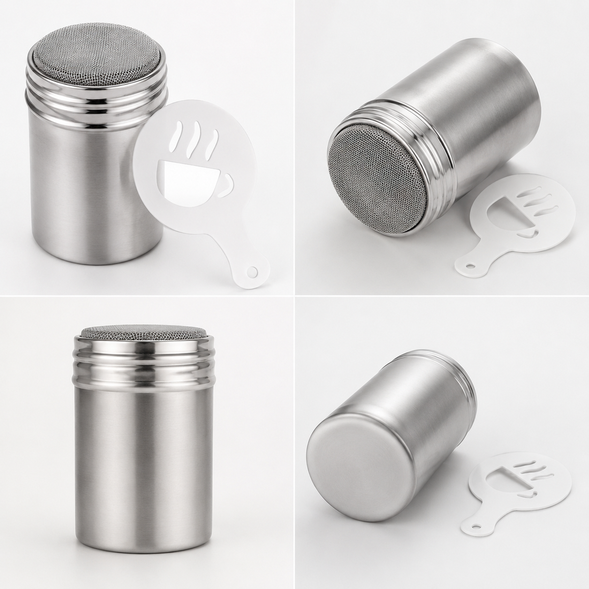 Stainless Steel Cocoa Powder Shaker with 16 Pcs Latte Art Stencils, Coffee Powder Duster for Decorating Latte, Cappuccino & Baking Desserts