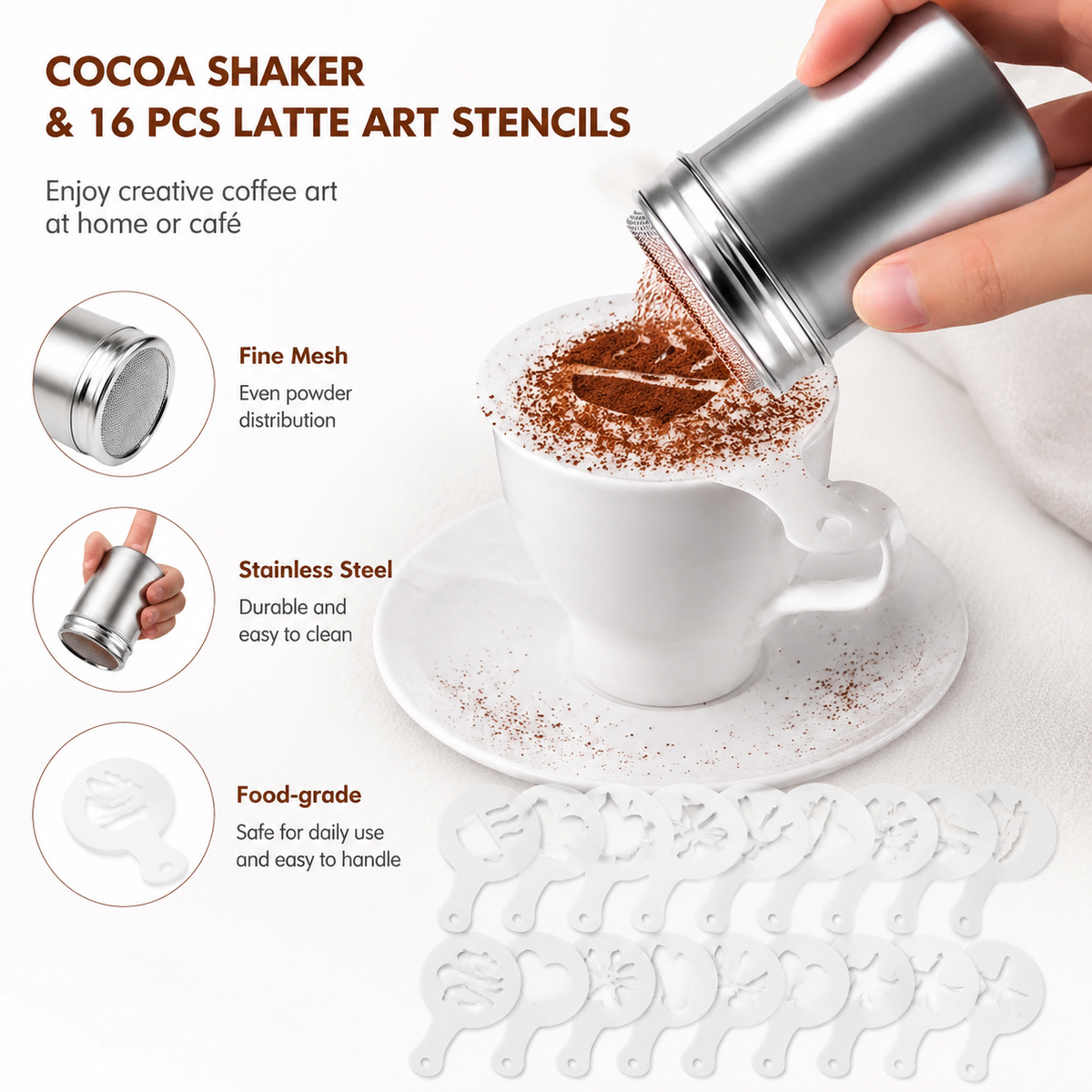 Stainless Steel Cocoa Powder Shaker with 16 Pcs Latte Art Stencils, Coffee Powder Duster for Decorating Latte, Cappuccino & Baking Desserts