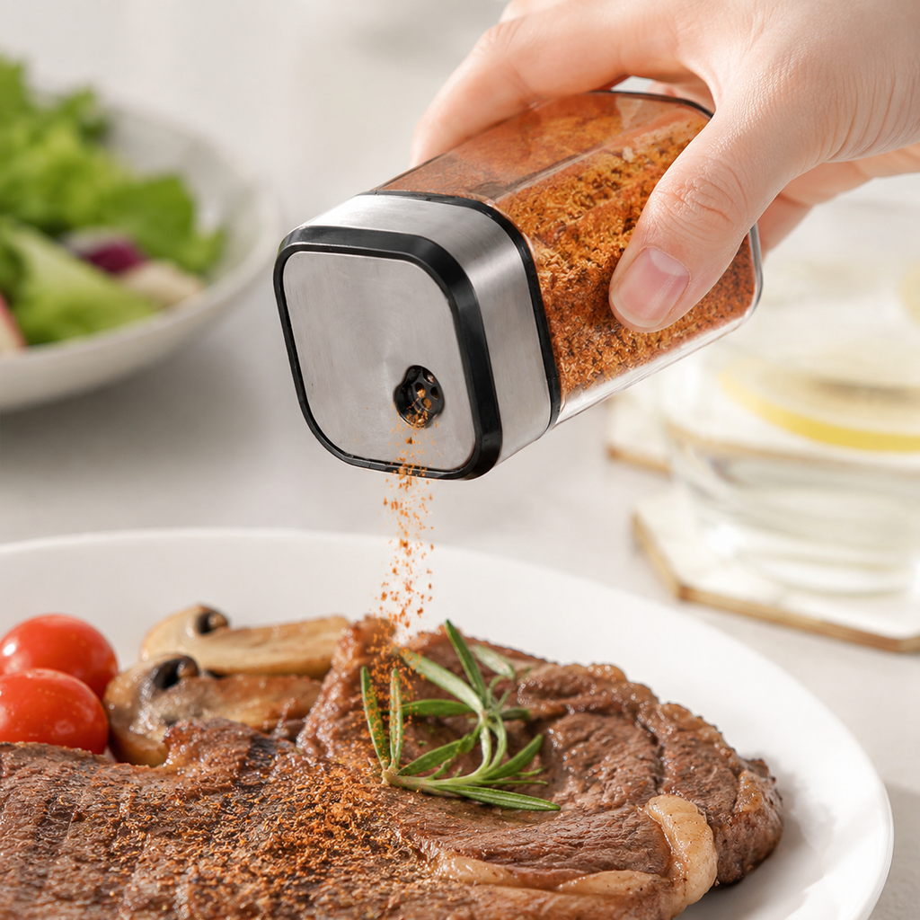 Rotatable Spice Shaker, Adjustable Fine or Coarse Pour, Stainless Steel Lid, Clear Glass Jar, Easy Refill Kitchen Condiment Bottle for Steak BBQ