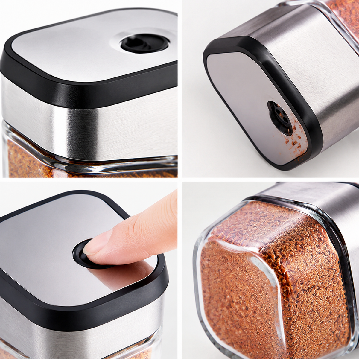 Rotatable Spice Shaker, Adjustable Fine or Coarse Pour, Stainless Steel Lid, Clear Glass Jar, Easy Refill Kitchen Condiment Bottle for Steak BBQ