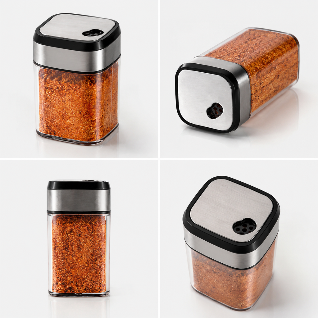 Rotatable Spice Shaker, Adjustable Fine or Coarse Pour, Stainless Steel Lid, Clear Glass Jar, Easy Refill Kitchen Condiment Bottle for Steak BBQ
