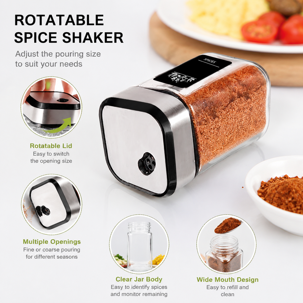 Rotatable Spice Shaker, Adjustable Fine or Coarse Pour, Stainless Steel Lid, Clear Glass Jar, Easy Refill Kitchen Condiment Bottle for Steak BBQ