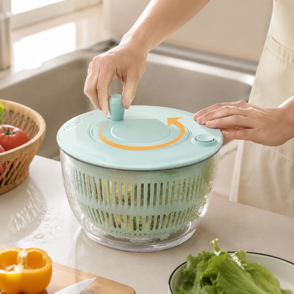 Salad Spinner Lettuce Dryer, Manual Vegetable Washer with Brake Button, Clear Plastic Fruit & Leafy Greens Drain Basket for Kitchen Salad Prep
