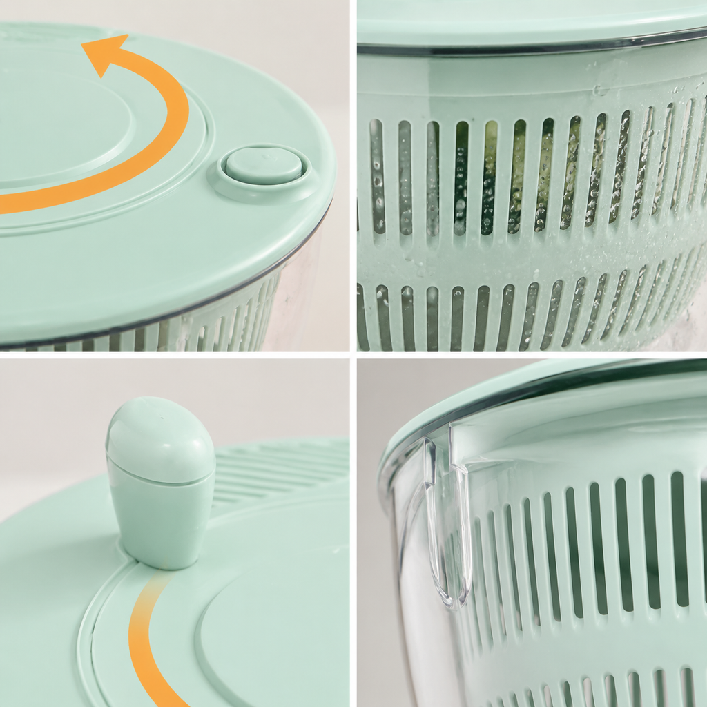 Salad Spinner Lettuce Dryer, Manual Vegetable Washer with Brake Button, Clear Plastic Fruit & Leafy Greens Drain Basket for Kitchen Salad Prep