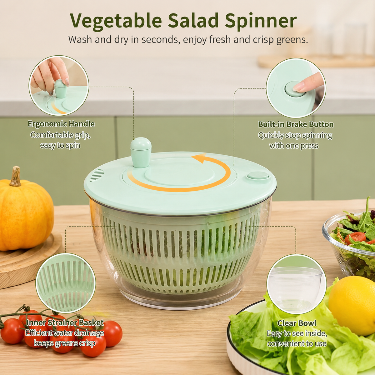 Salad Spinner Lettuce Dryer, Manual Vegetable Washer with Brake Button, Clear Plastic Fruit & Leafy Greens Drain Basket for Kitchen Salad Prep