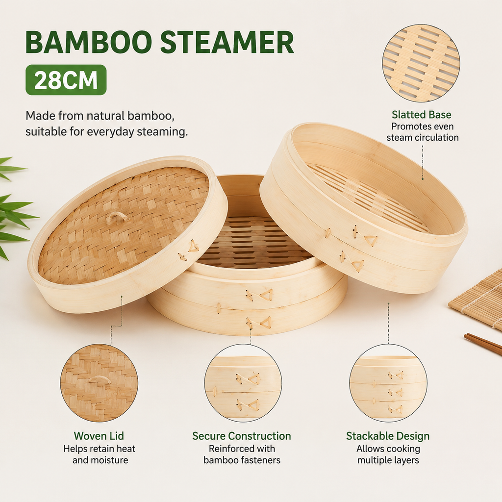 2 Tier Bamboo Steamer Basket, 11 Inch Natural Chinese Steamer for Cooking Dumplings Dim Sum Vegetables Fish, with Lid for Home Kitchen