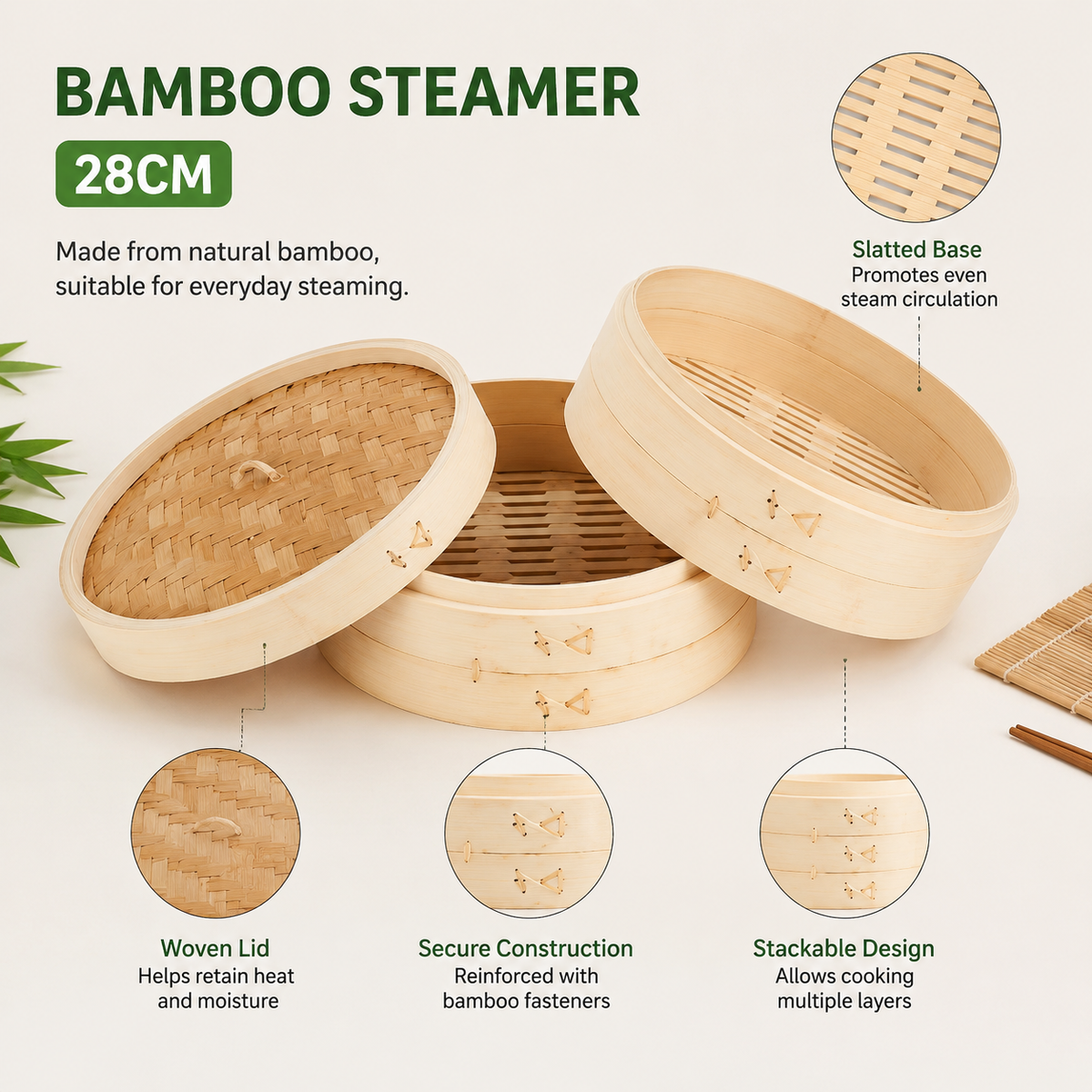2 Tier Bamboo Steamer Basket, 11 Inch Natural Chinese Steamer for Cooking Dumplings Dim Sum Vegetables Fish, with Lid for Home Kitchen