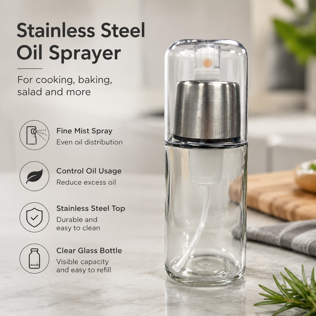 Glass Oil Sprayer Bottle with Stainless Steel Nozzle, Fine Mist Cooking Oil Dispenser for Air Fryer, Grilling, Baking & Salad
