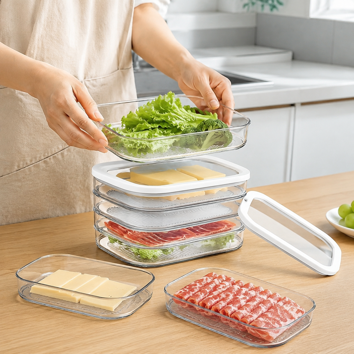 2-Tier Stackable Refrigerator Food Storage Container with Lid, Clear Organizer for Meat, Cheese, Vegetable & Meal Prep