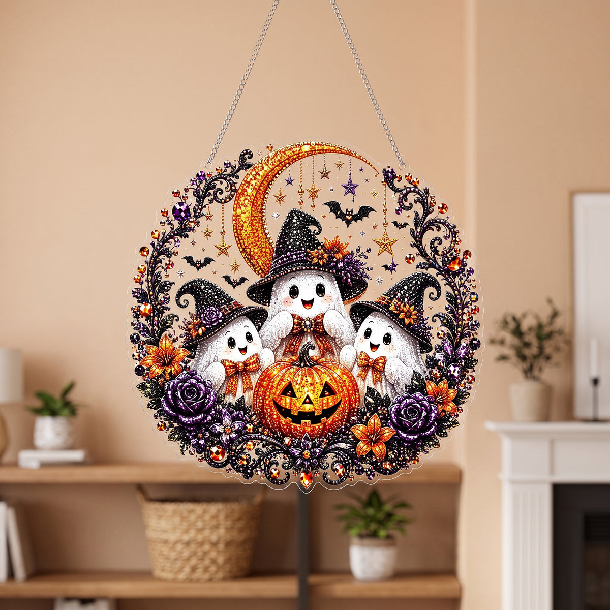 Halloween Diamond Art Hanging Set - Ghost Trio Halloween Christmas Decorative Home Diy Interacting Couple And Child Set