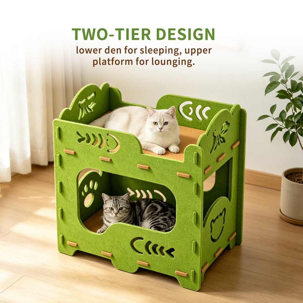 2-Tier Felt Cat Bed, Stackable Double Layer Cat House with Hollow Cutout, Tool-Free Assembly Scratch Resistant Cat Hideaway for Indoor Cats