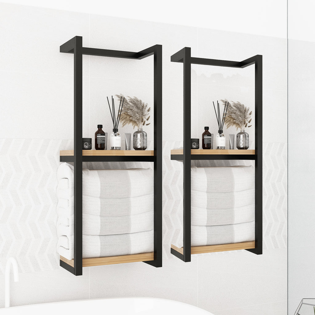 Wall Mounted Towel Rack with 2 Wood Shelves, Bathroom Towel Storage Organizer, Black Metal Frame