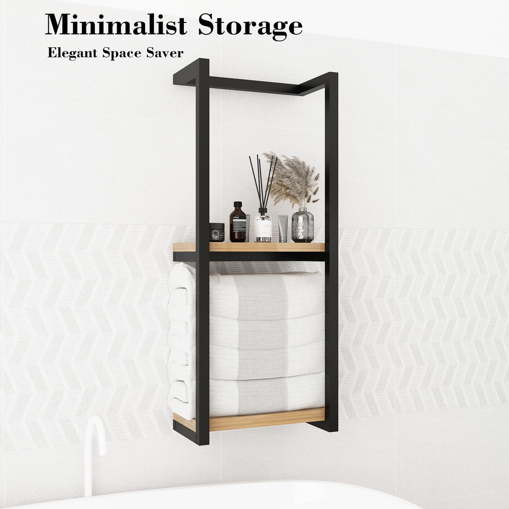 Wall Mounted Towel Rack with 2 Wood Shelves, Bathroom Towel Storage Organizer, Black Metal Frame