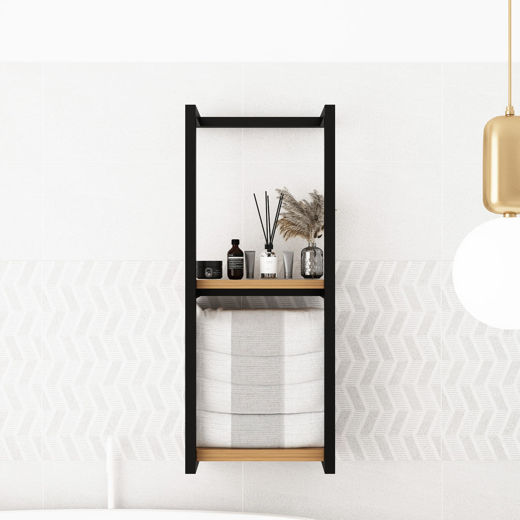 Wall Mounted Towel Rack with 2 Wood Shelves, Bathroom Towel Storage Organizer, Black Metal Frame