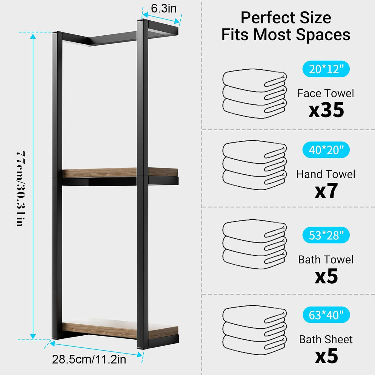 Wall Mounted Towel Rack with 2 Wood Shelves, Bathroom Towel Storage Organizer, Black Metal Frame