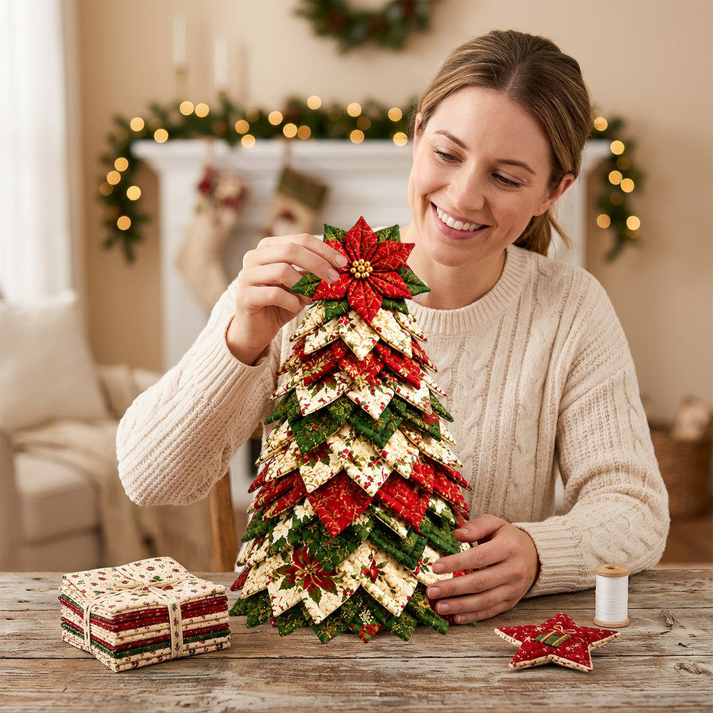 DIY Quilted Fabric Christmas Tree Kit with Poinsettia Topper, Patchwork Tabletop Holiday Craft Decor