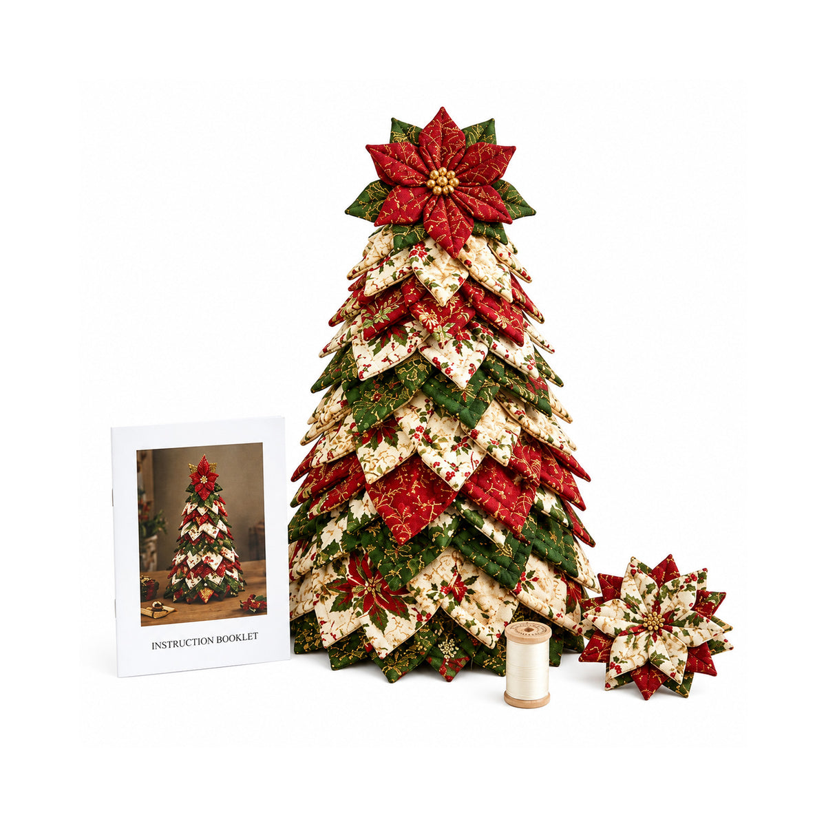 DIY Quilted Fabric Christmas Tree Kit with Poinsettia Topper, Patchwork Tabletop Holiday Craft Decor