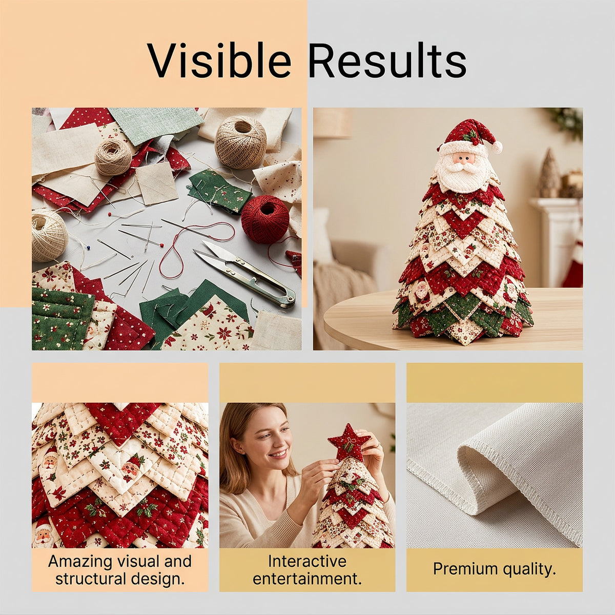DIY Quilted Fabric Christmas Tree Kit with Poinsettia Topper, Patchwork Tabletop Holiday Craft Decor