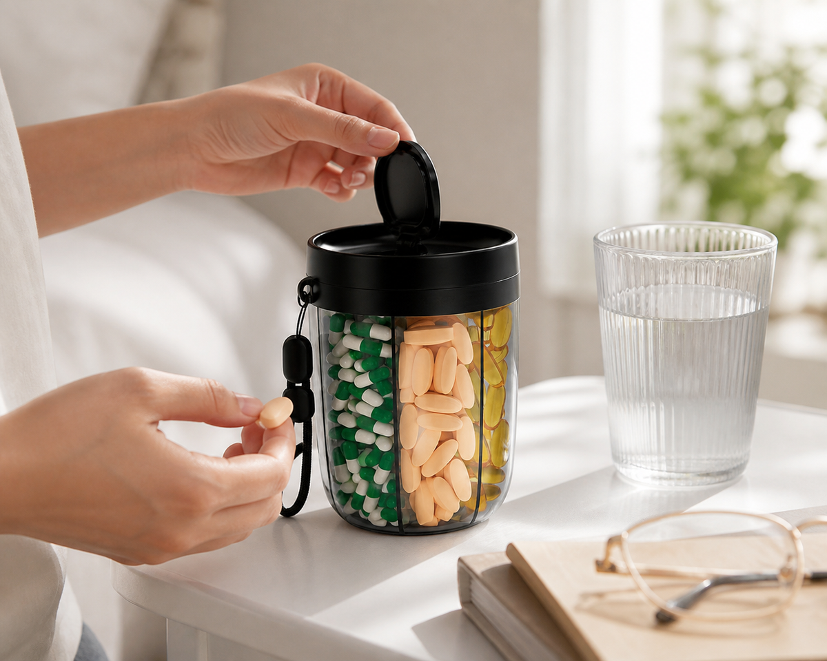 7-Compartment Portable Pill Organizer with Snap Lid and Wrist Strap, Travel Medicine Storage Case - Black