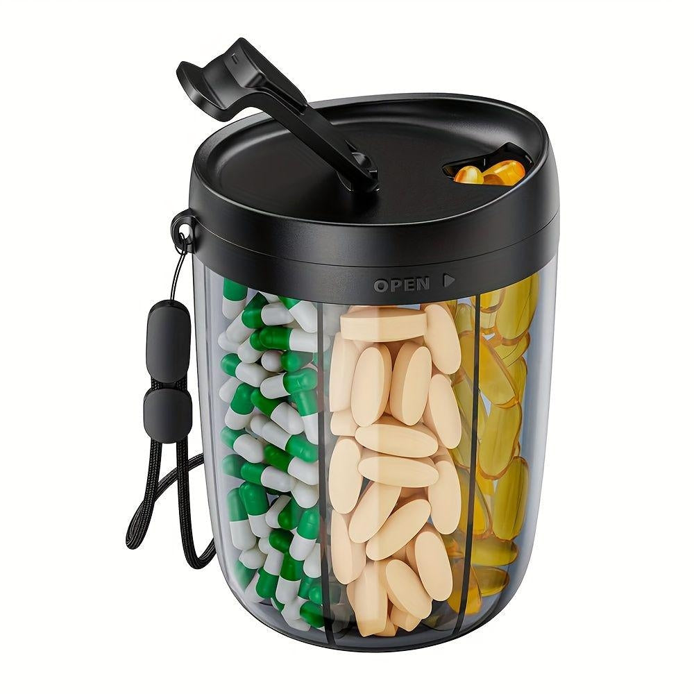 7-Compartment Portable Pill Organizer with Snap Lid and Wrist Strap, Travel Medicine Storage Case - Black
