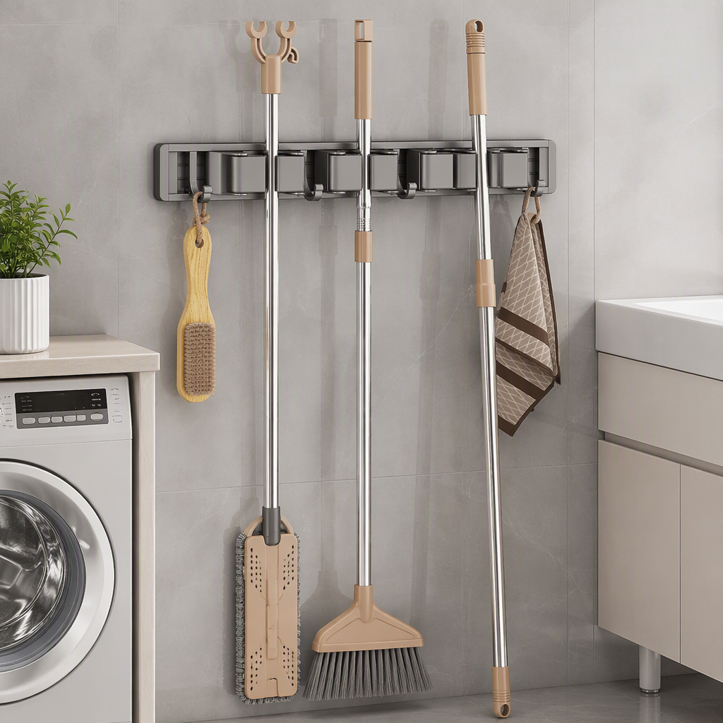 Wall Mounted Mop and Broom Holder with Hooks, Heavy Duty ABS Stainless Steel Cleaning Tool Organizer Rack for Laundry Room Bathroom Kitchen Storage