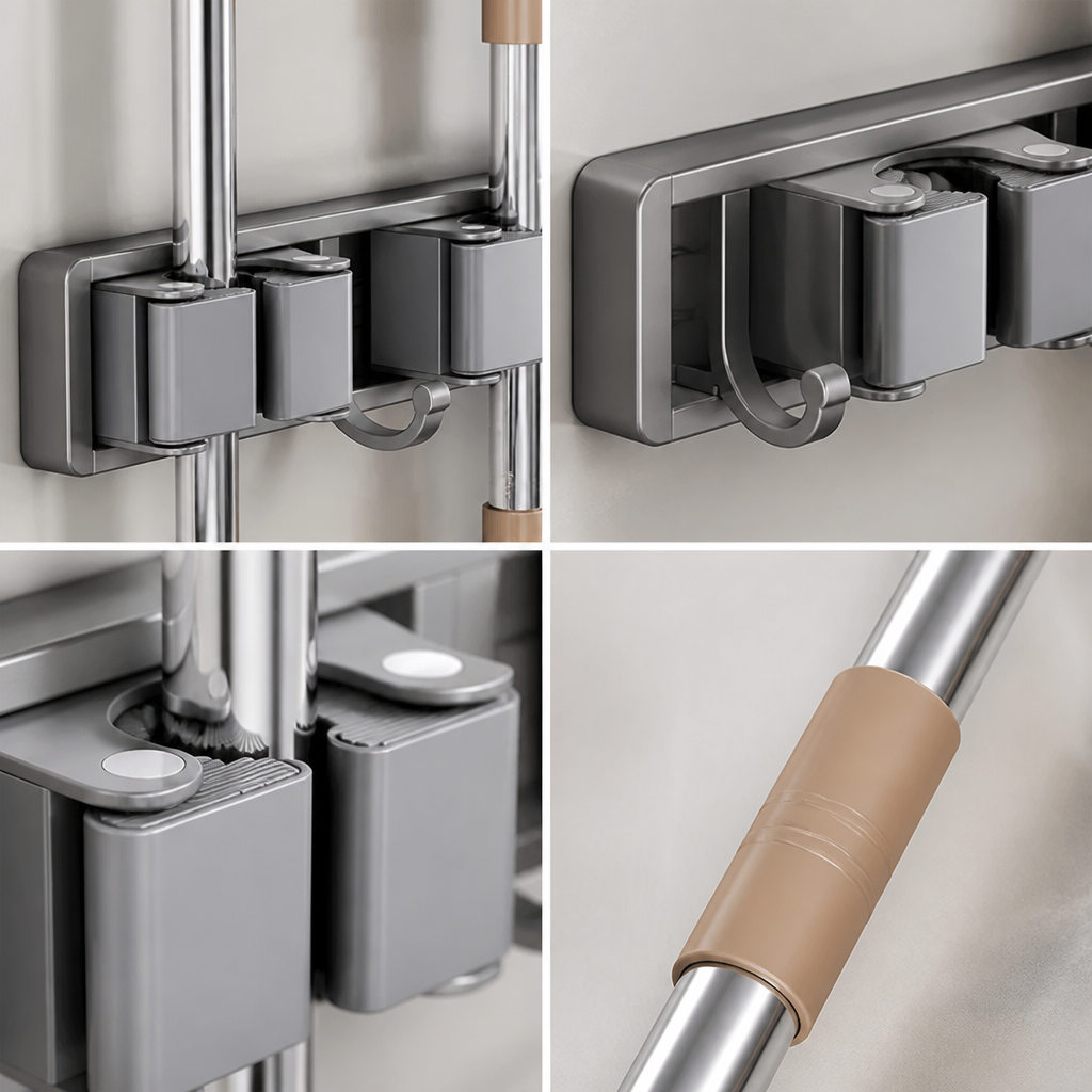Wall Mounted Mop and Broom Holder with Hooks, Heavy Duty ABS Stainless Steel Cleaning Tool Organizer Rack for Laundry Room Bathroom Kitchen Storage