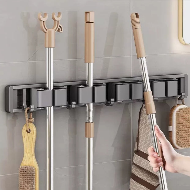 Wall Mounted Mop and Broom Holder with Hooks, Heavy Duty ABS Stainless Steel Cleaning Tool Organizer Rack for Laundry Room Bathroom Kitchen Storage