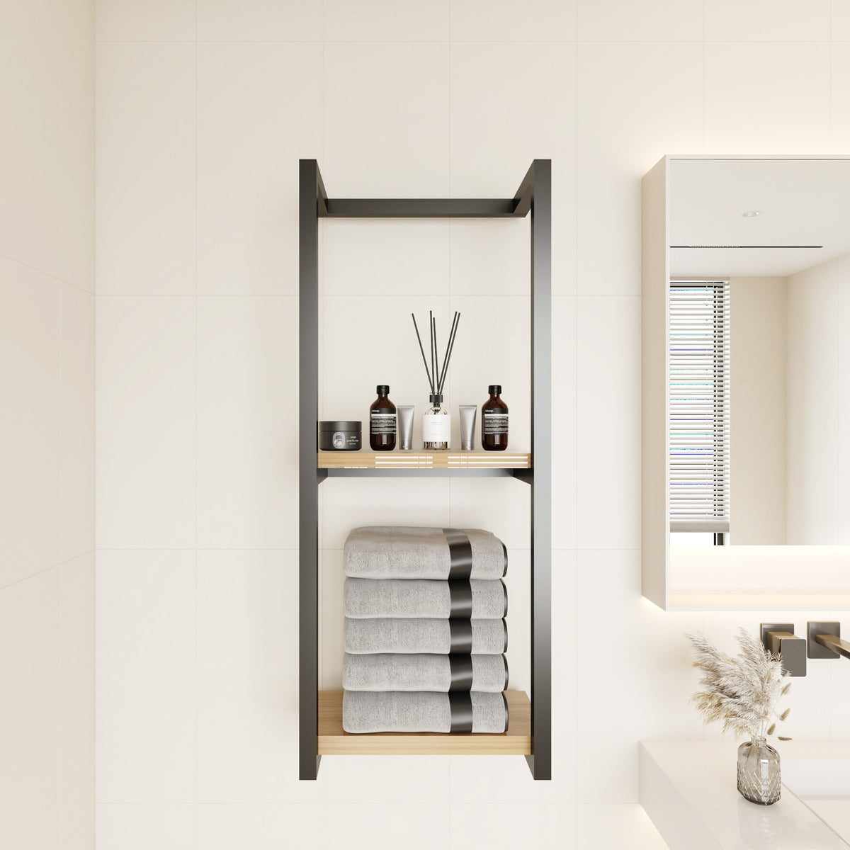 Wall Mounted Towel Rack with 2 Wood Shelves, Metal Bathroom Storage Organizer, Black, 30.3 in