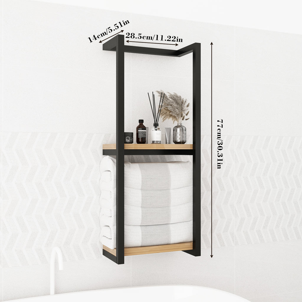 Wall Mounted Towel Rack with 2 Wood Shelves, Metal Bathroom Storage Organizer, Black, 30.3 in