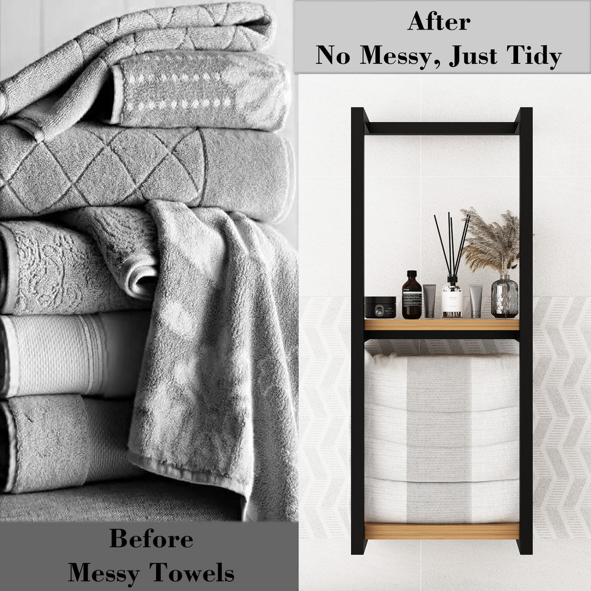 Wall Mounted Towel Rack with 2 Wood Shelves, Metal Bathroom Storage Organizer, Black, 30.3 in