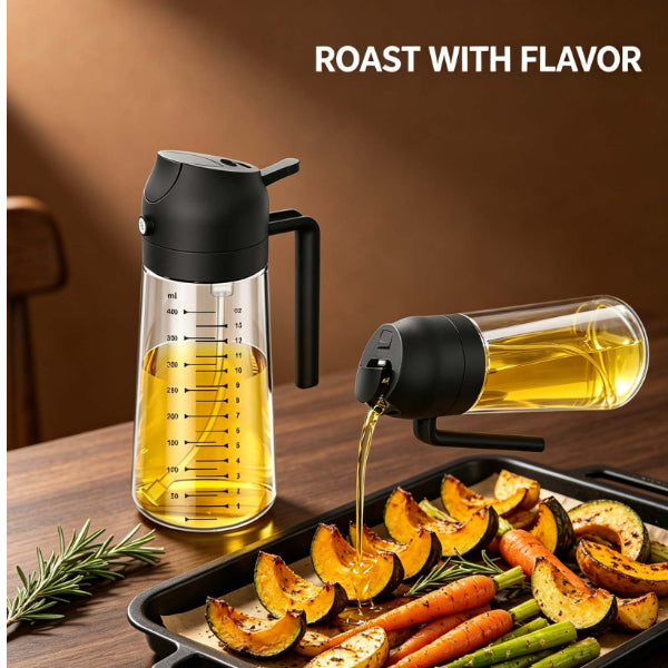 2 in 1 Oil Sprayer Dispenser, 400ml Glass Olive Oil Sprayer for Air Fryer Grill Salad Baking, No Drip Oil Bottle with Measurements