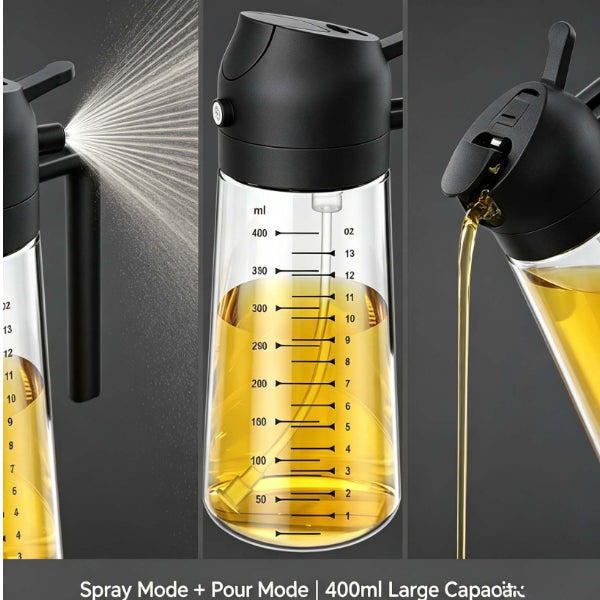 2 in 1 Oil Sprayer Dispenser, 400ml Glass Olive Oil Sprayer for Air Fryer Grill Salad Baking, No Drip Oil Bottle with Measurements