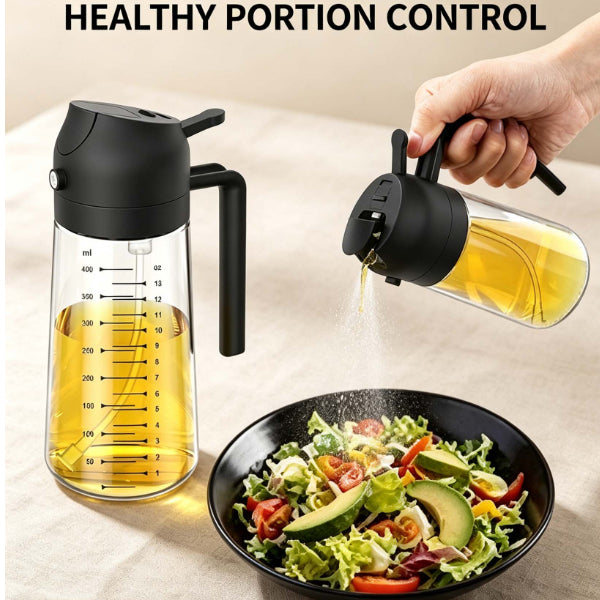 2 in 1 Oil Sprayer Dispenser, 400ml Glass Olive Oil Sprayer for Air Fryer Grill Salad Baking, No Drip Oil Bottle with Measurements
